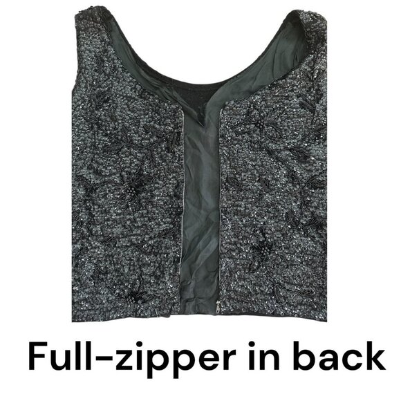 Vintage Black Sequin Beaded Sleeveless Top W/ Floral Design & Full-Back Zipper - Picture 5 of 10